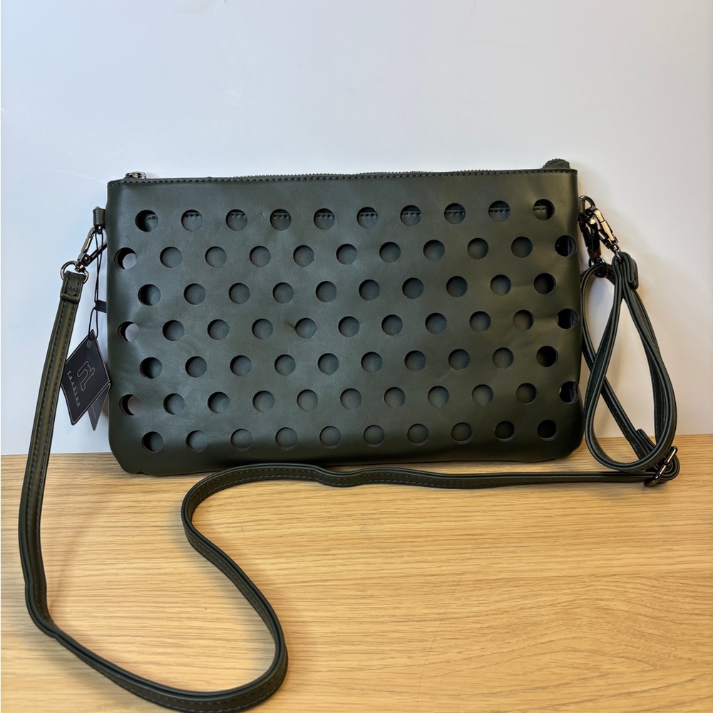 Nishatlinen Stylish Dark Green Perforated Zip Crossbody‎ Bag Wristlet Strap NWT